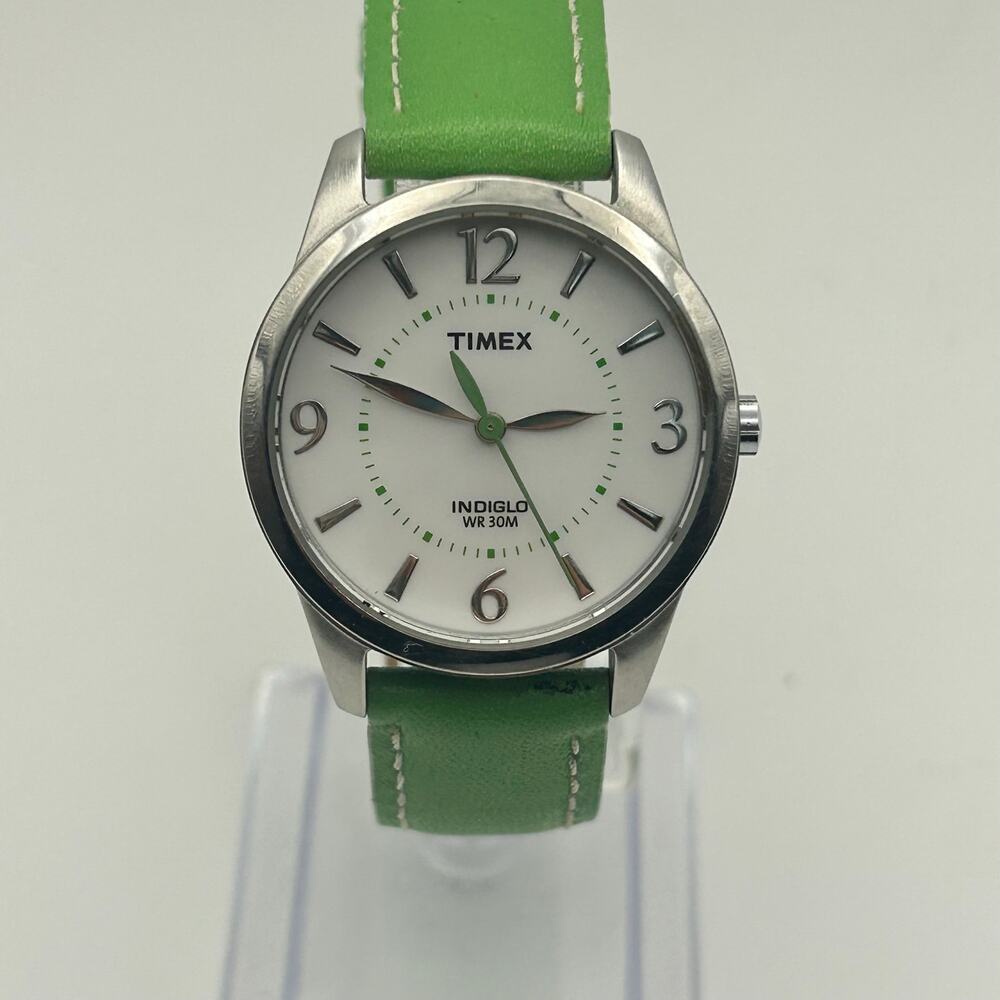 Timex Weekender Watch Silver-tone White Dial Green Leather Strap Working